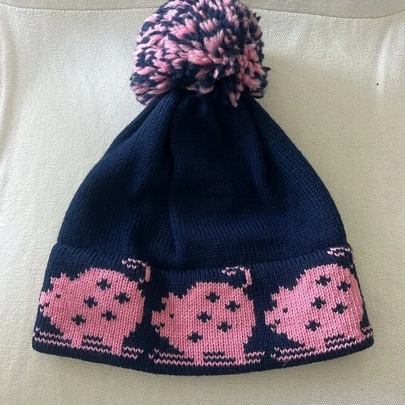 NWOT Stowe Woolens Ltd navy blue beanie hat with pink pigs, blue & pink pom-pom - Picture 12 of 12